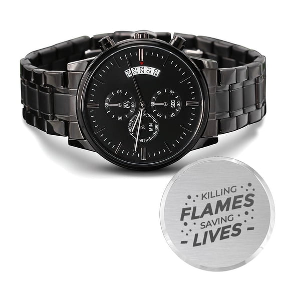 Killing Flames Engraved Multifunction Analog Stainless Steel Chronograph Men's Watch W Copper Dial