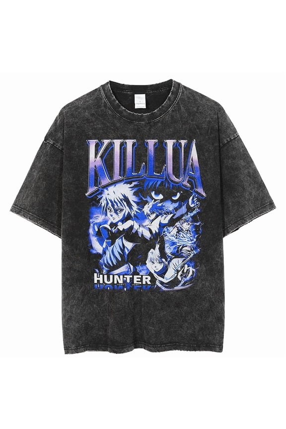Killua Anime Lightning Blue Graphic Acid Wash Oversized Tee Unisex Cotton T-Shirt, Size S-3XL