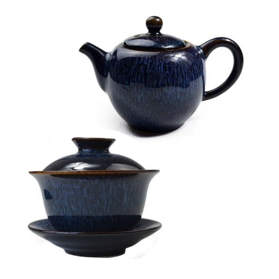 Kiln Change Glaze 200ml Gaiwan and 10oz Teapot Blue Starry Night Glaze Porcelain Chinese Tea Set