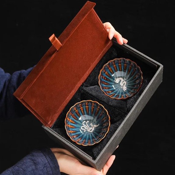 Kiln Change Tianmu Glaze Jianzhan Teacup Handmade Inlaid Silver Tea Cup Set Kung Fu Tea Set Ceramic Tea Cup Master Cup Gift Box