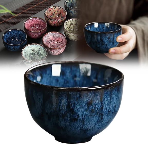 Kiln Transformed Tianmu Glaze Ceramic Tea Cup Single Coffee Mug with Unique Brushwork Design, Heat Retaining & Non-Reactive, 1 Piece