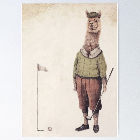 Kiloa Alpaca Playing Golf Illustration Poster, 8x12 UNFRAMED