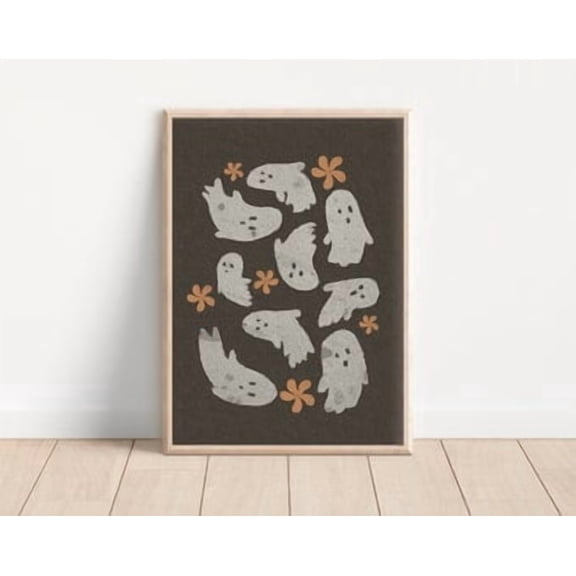 Kiloa Cute Ghost Black and White Halloween Spooky Wall Art Poster, 8x12 UNFRAMED