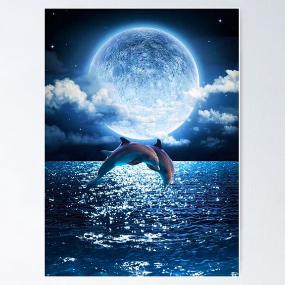 Kiloa Dolphins Jumping Under Full Moon Illustration Poster, 8x12 UNFRAMED