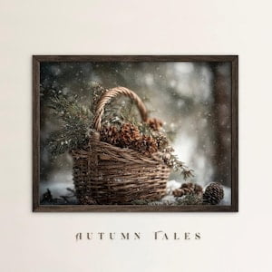 Kiloa Fall Wall Art Print Rustic Basket with Pine Cone Evergreen Branches Enchanted Winter Forest Moody Still Life, Poster Print, 24x36 UNFRAMED