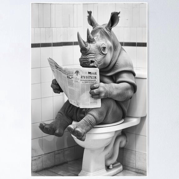 Kiloa Funny Rhino Bathroom Illustration Poster, 8x12 UNFRAMED