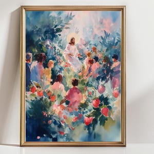 Kiloa Jesus Teaching Art Print - Colorful Garden Sermon Scene - Uplifting Christian Wall Decor for Faith & Home, 8x12 UNFRAMED