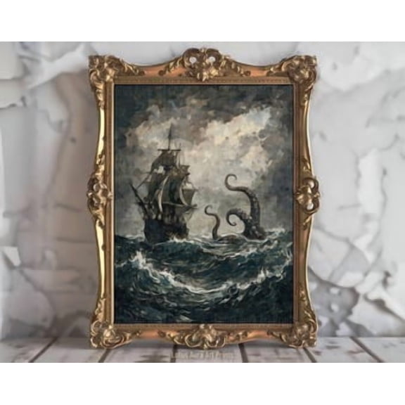 Kiloa Lure of the Kraken Gothic Pirate Ship Wall Art Poster, 8x12 UNFRAMED