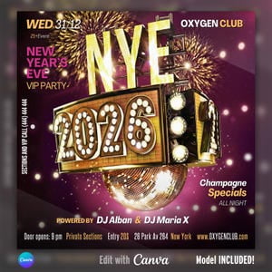 Kiloa New Year Party EDITABLE Canva Flyer, Club Flyer, New Year's Eve, Event Flyer, NYE Invitation, 2026 celebration, Dj party , DIY template, 8x12 UNFRAMED