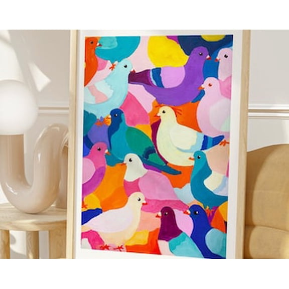 Kiloa Pigeon Party Colorful Dopamine Style Bird Wall Art Poster, 8x12 UNFRAMED