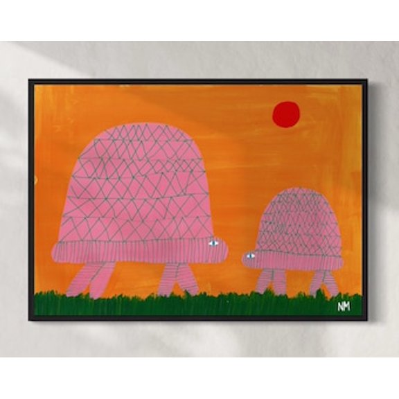 Kiloa Pink Tortoises Red Sun Kids Room Wall Art Poster, 12x18 UNFRAMED