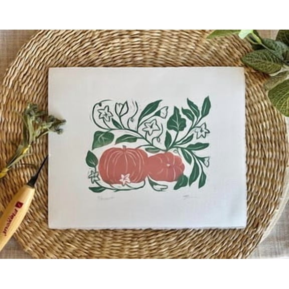 Kiloa Pumpkin Linocut Style Fall Wall Art Poster, 8x12 UNFRAMED