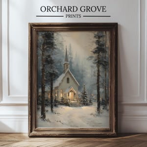 Kiloa Snowy Church Festive Print, Rustic Winter Chapel Wall Art, Farmhouse Winter Decor, Vintage Religious Print. Festive Church Art 520, Poster Print, 16x24 UNFRAMED