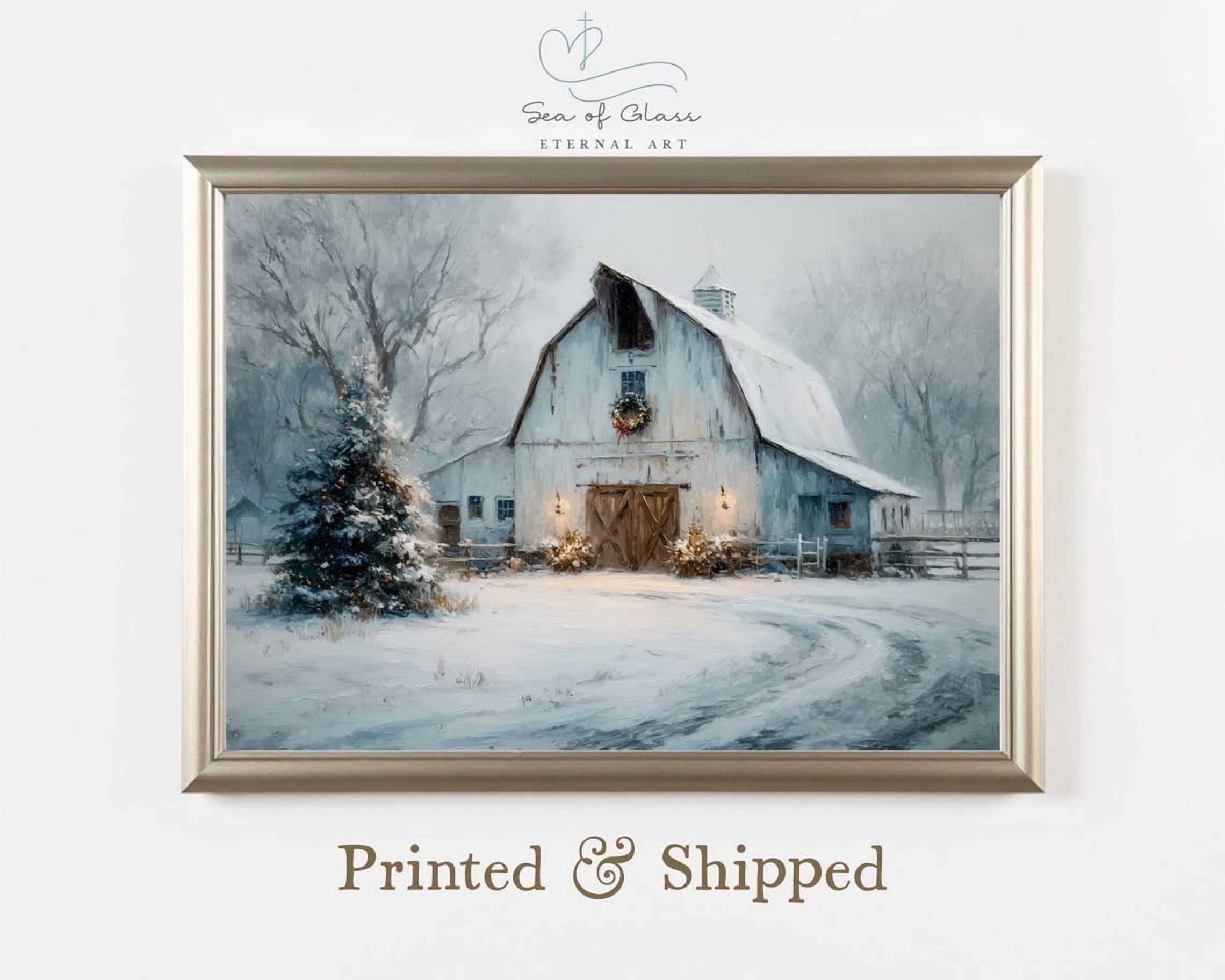 Kiloa Snowy White Barn Rustic Farmhouse Winter Wall Art Poster, 12x18 ...