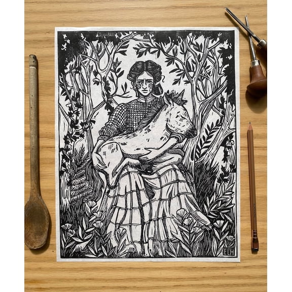 Kiloa The Last Appalachian Unicorn Linocut Wall Art Poster, 12x18 UNFRAMED