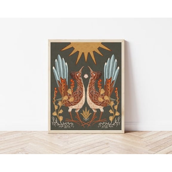 Kiloa Twin Roadrunners Globemallow Folk Art Southwestern Wall Art Poster, 12x18 UNFRAMED