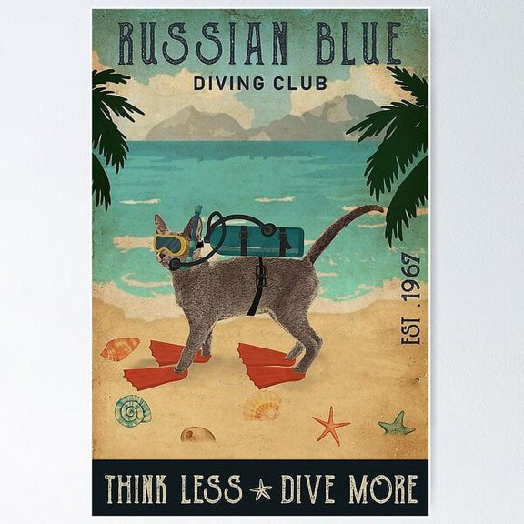 Kiloa Vintage Diving Cat Illustration Poster, 12x18 UNFRAMED
