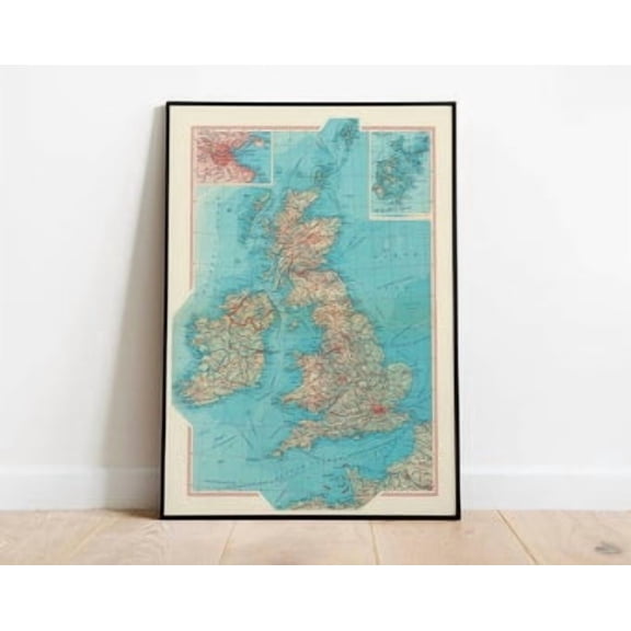 Kiloa Vintage Map of Great Britain and Ireland Wall Art Poster, 12x18 UNFRAMED