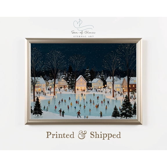 Kiloa Winter Village Ice Skating Folk Art Wall Art Poster, 8x12 UNFRAMED