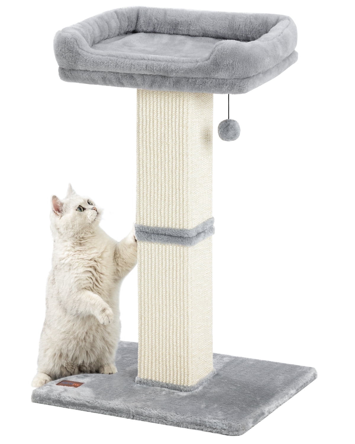 Kilodor 32" Cat Scratching Post for Indoor Cats, Sisal Cat Scratcher with Plush Perch, Large Scratch Post with Bed, Removable Cover, Sisal Fabric,Gray
