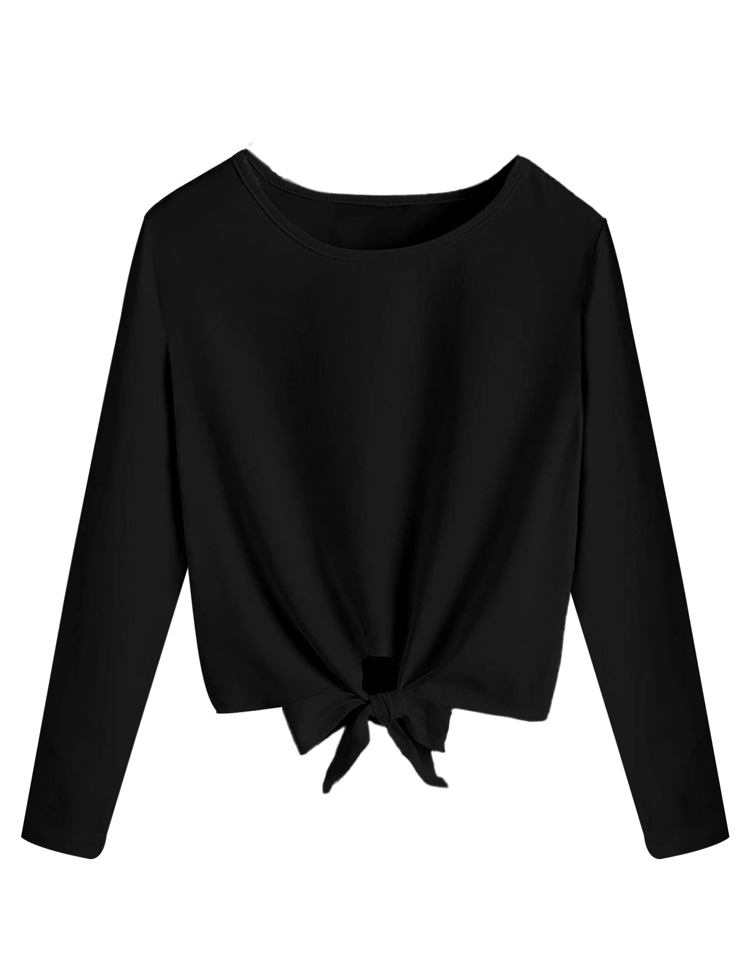 Kilymosy Girls Black Shirt Winter Long Sleeve Front Knot Tees Cute Tops