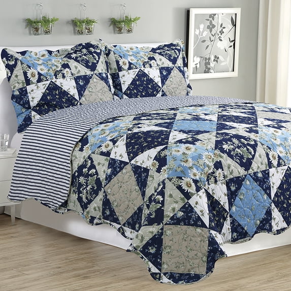 Kim - 3 Piece Quilt Set queen & king size - Navy Bedtime