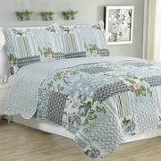 GLORY HOME DESIGN Kim - 3 Piece Quilt bedspread Set queen & king size - Silver Bird Floral