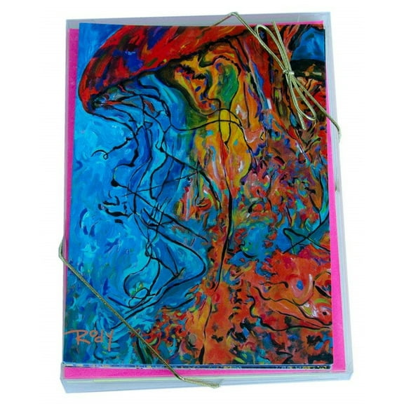 Blank Note Cards Ocean Design with Tropical Fish, Jellyfish and More, 2 Each of 4 Designs 7 Inches x 5 Inches