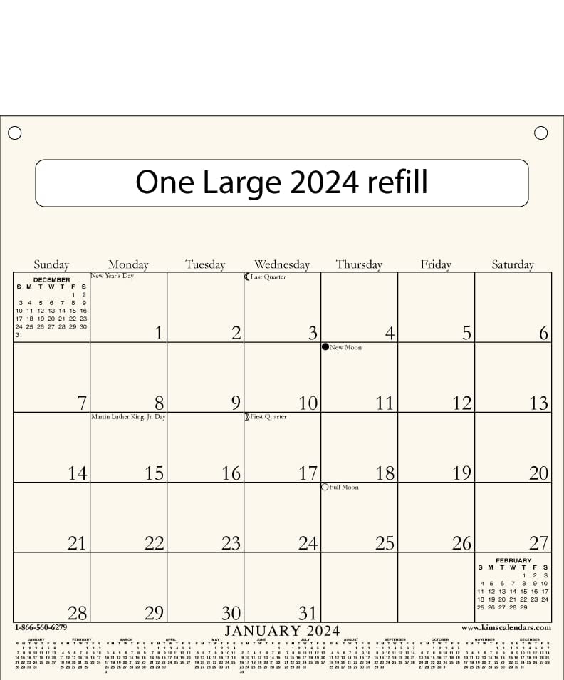 Kim's Calendars' "Large" Calendar Refill for 2024 measures 11" x 11