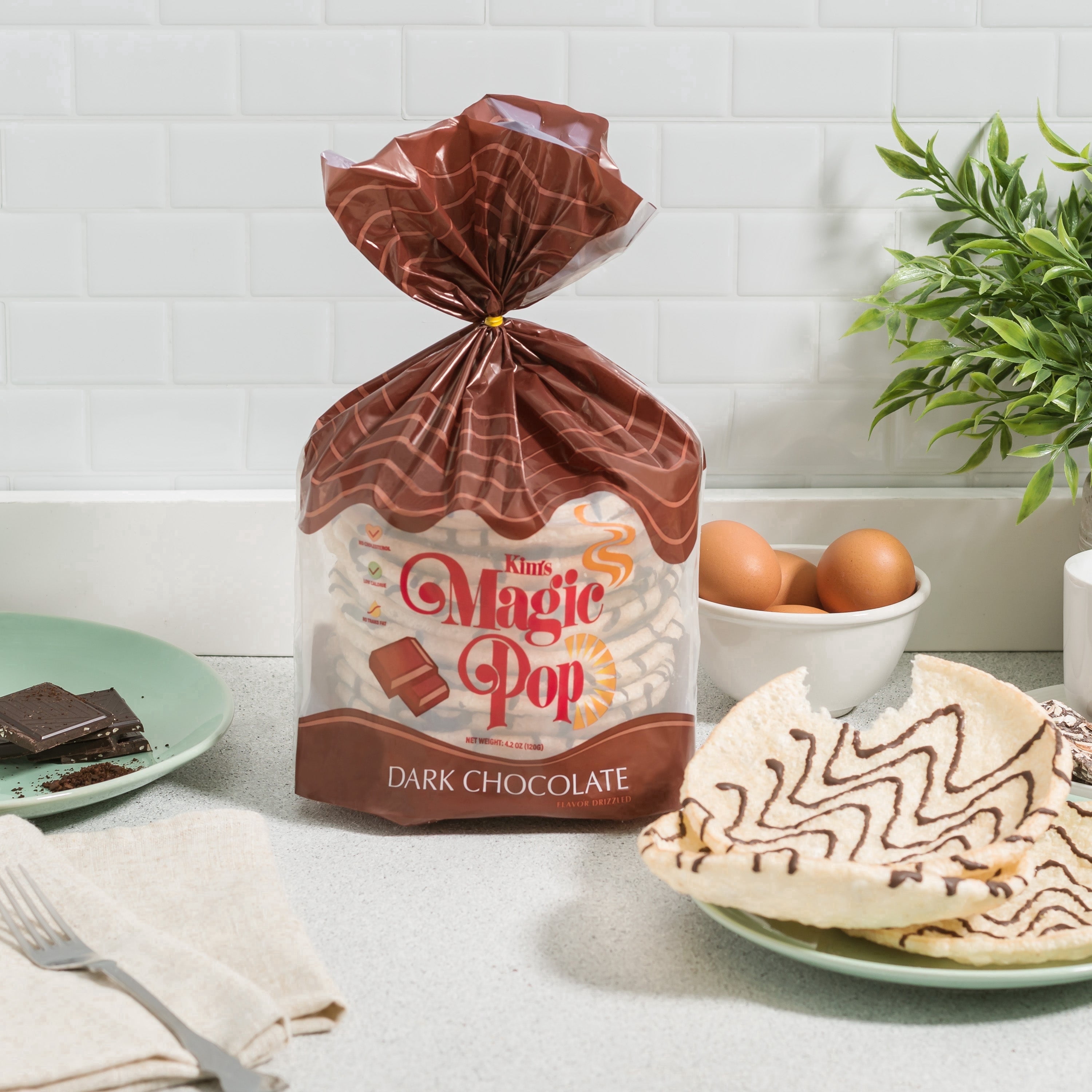 Kim's Magic Pop - Dark Chocolate Flavor Drizzled | 12 Bags | 12 Cakes per Bag | Low Carb, No Trans Fat, All Natural, Multigrain Korean Snack | Easy Bread, Chip, Cracker Replacement