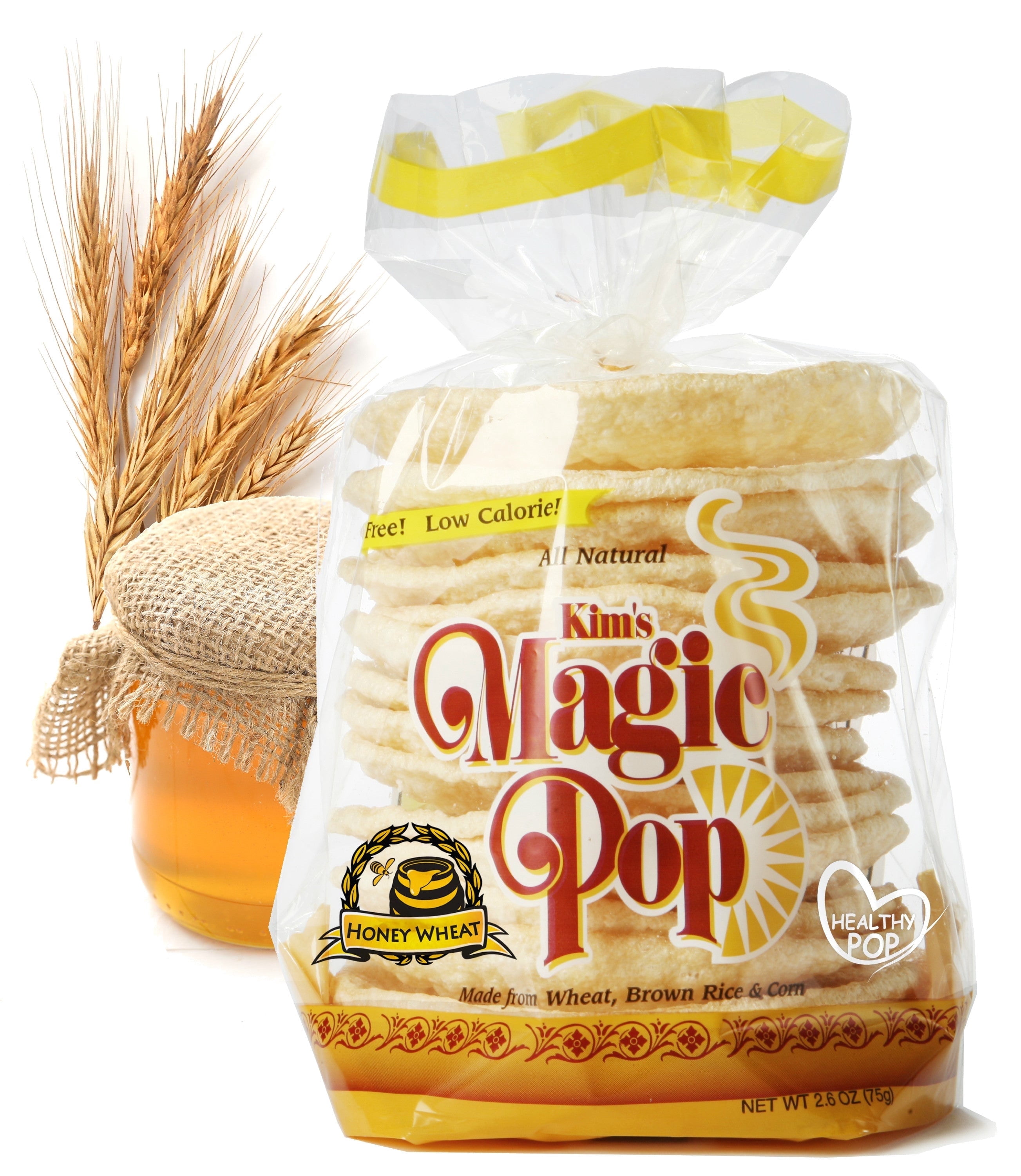 Kim's Magic Pop Freshly Popped Rice Cakes |  Honey Wheat | 12 Bags | 15 Cakes per Bag | Low Carb, Sugar Free, Fat Free, Natural, Multigrain Korean Snack