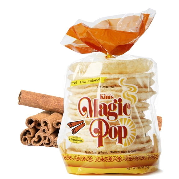 Kim's Magic Pop Freshly Popped Rice Cakes | Vegan | Cinnamon Flavor | 12 Bags | 15 Cakes per Bag | Low Carb, Sugar Free, Fat Free, Natural, Multigrain Korean Snack