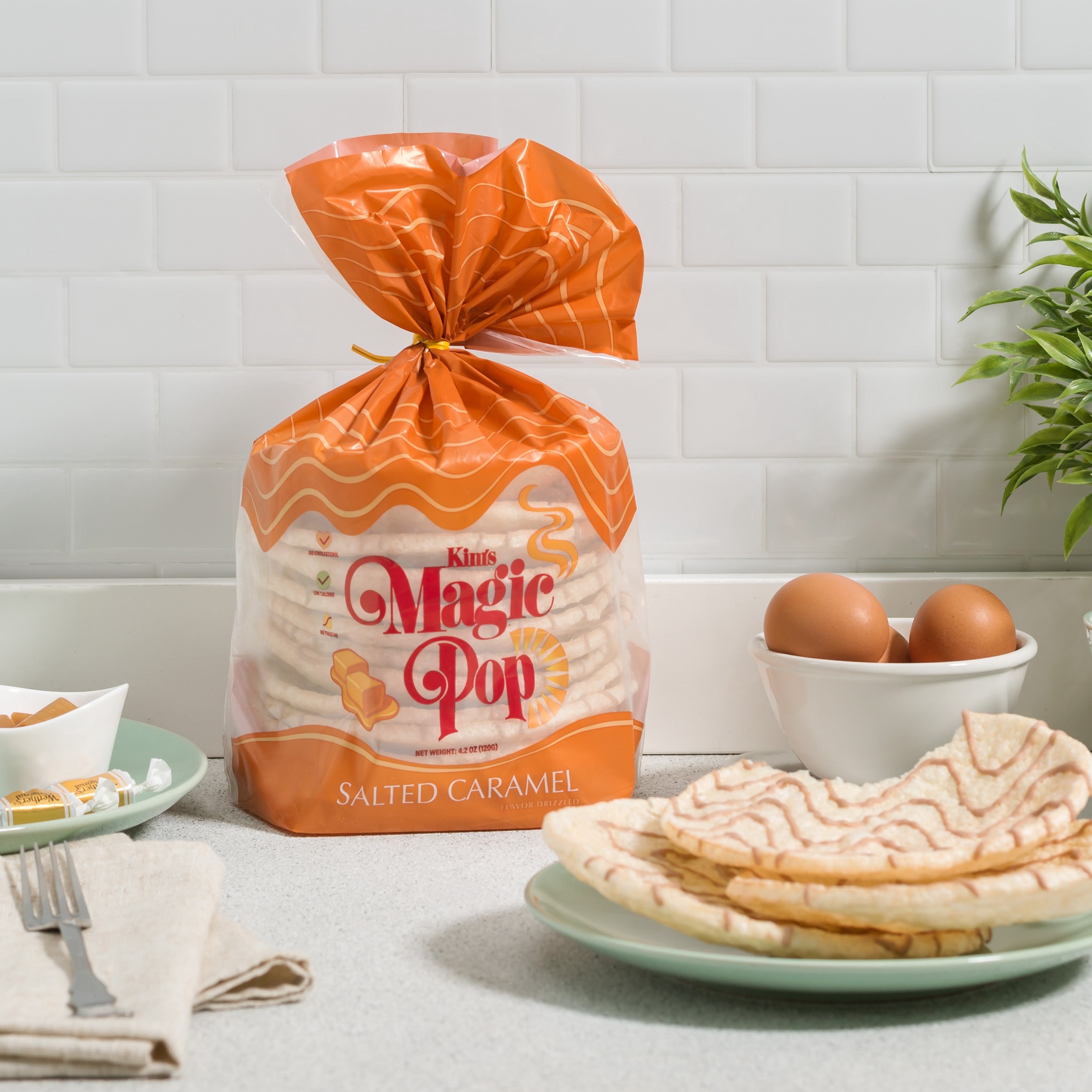 Kim's Magic Pop - Salted Caramel Flavor Drizzled | 6 Bags | 12 Cakes per Bag | Low Carb, No Trans Fat, All Natural, Multigrain Korean Snack | Easy Bread, Chip, Cracker Replacement