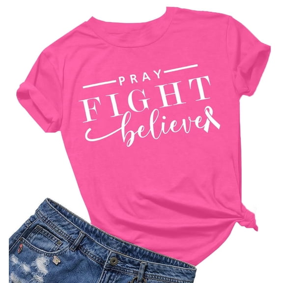 KimSoong Breast Cancer T-Shirt for Women Pink Ribbon Breast Cancer Awareness T-Shirt Inspirational Short Sleeve Top