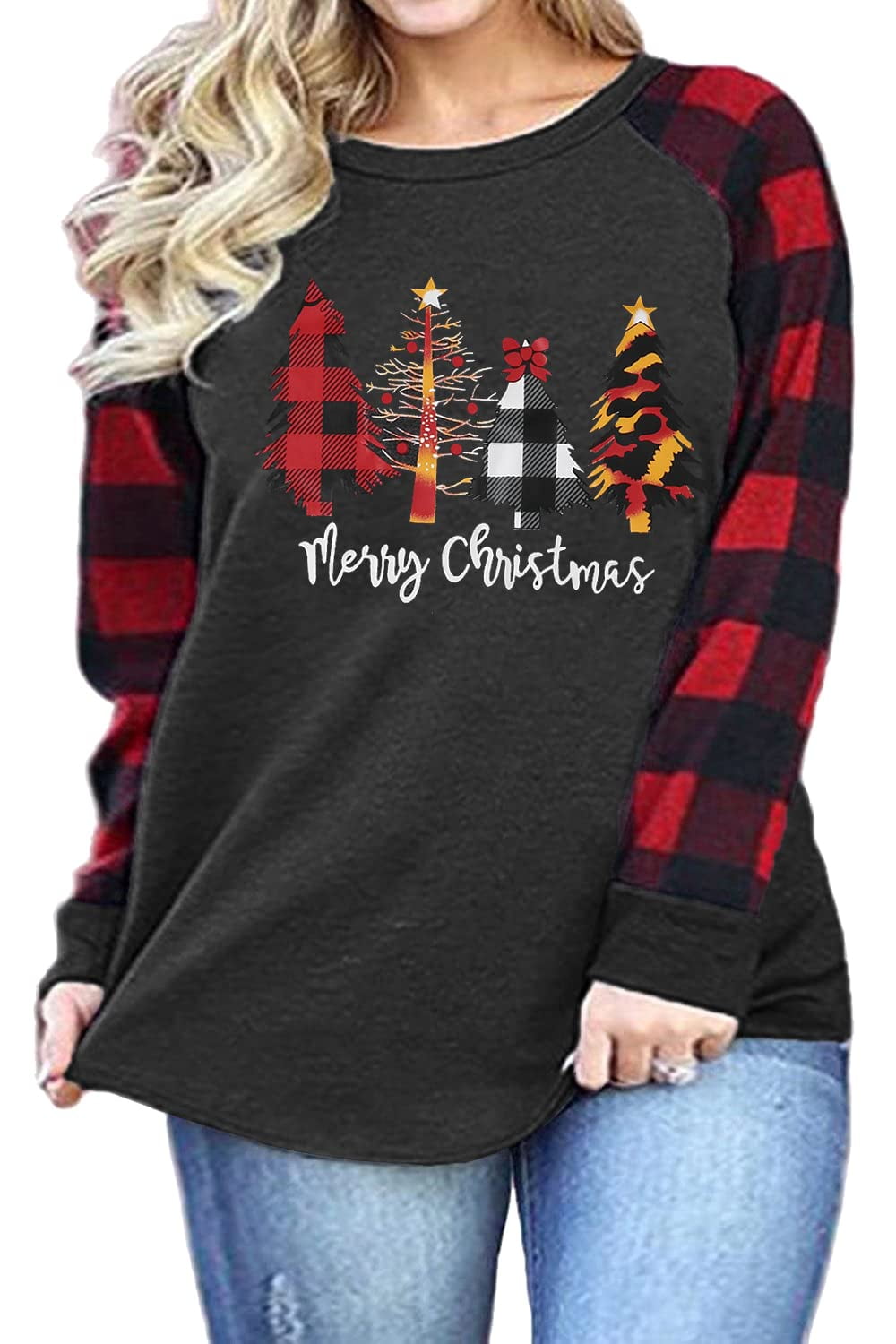 KimSoong Christmas Plus Size Shirts Women Merry Christmas Tree ...