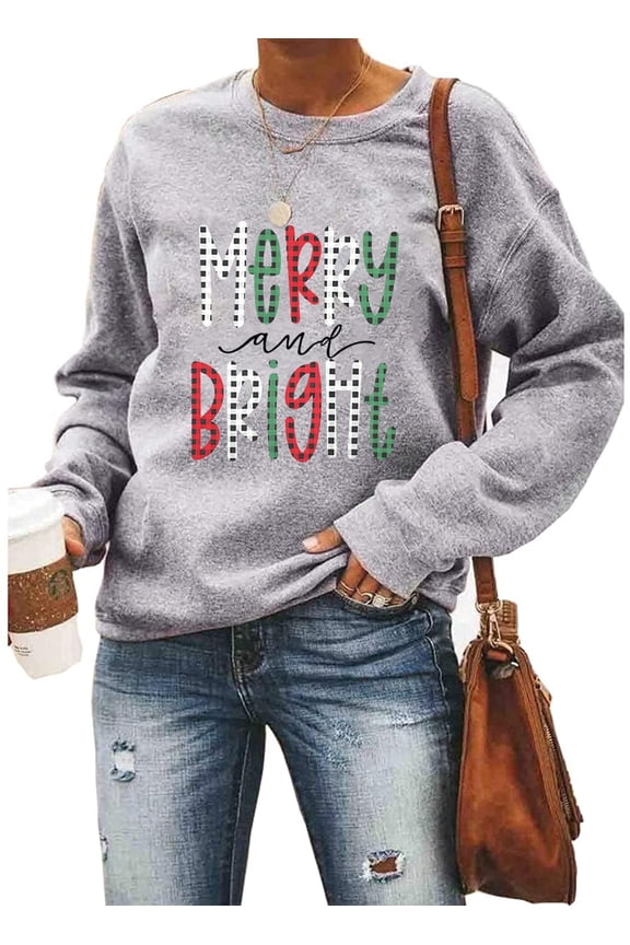 Women Christmas Sweatshirt Merry Bright Graphic Print Long Sleeve Shirts Christmas Crew Neck Pullover Casual Blouse Tops