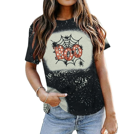 KimSoong Women Halloween Boo T-Shirt Funny Ghost Pumpkin Spider Graphic Print Shirt Tee Top