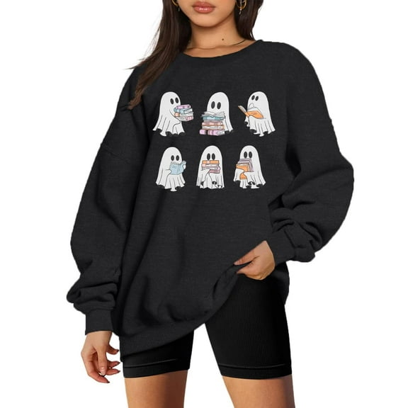 KimSoong Halloween Sweatshirts for Women Ghost Reading Books Sweater Cute Spooky Bookish Shirt Fall Pullover Tops