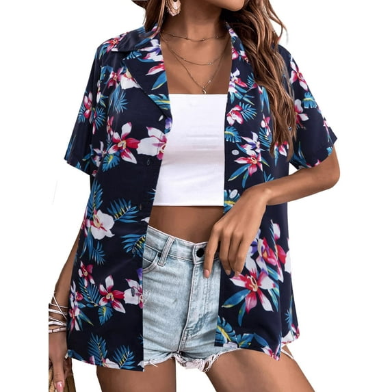 KimSoong Women's Leisure Streetwear Beachwear Lapel V-Neck Hawaiian Tropical Floral Print Blouse