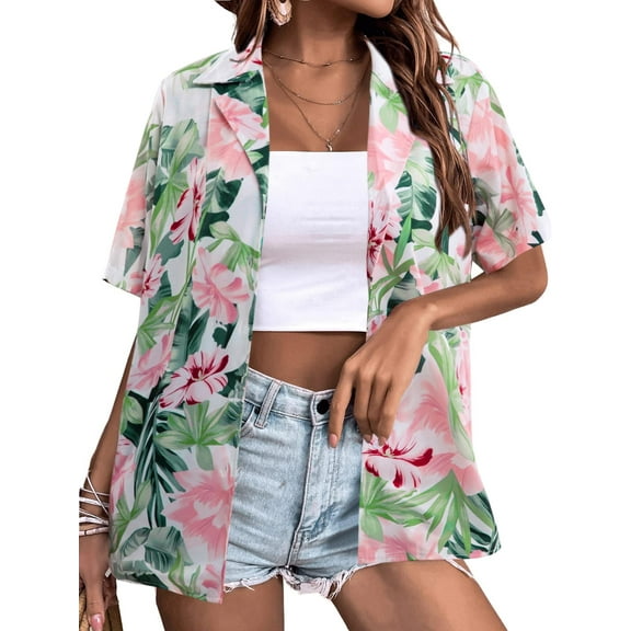 KimSoong Women's Leisure Streetwear Beachwear Lapel V-Neck Hawaiian Tropical Floral Print Blouse