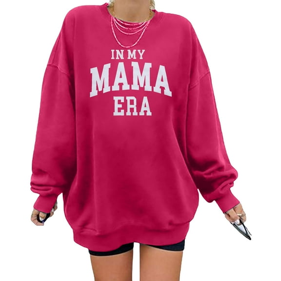 KimSoong Women Oversized Mama Sweatshirt Mom Crew Neck Long Sleeve Shirts In My Mama Era Letter Print Casual Pullovers Top, Pink