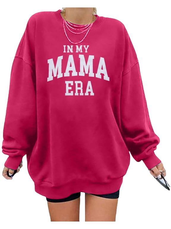 Women Oversized Mama Sweatshirt Mom Crew Neck Long Sleeve Shirts In My Mama Era Letter Print Casual Pullovers Top, Pink