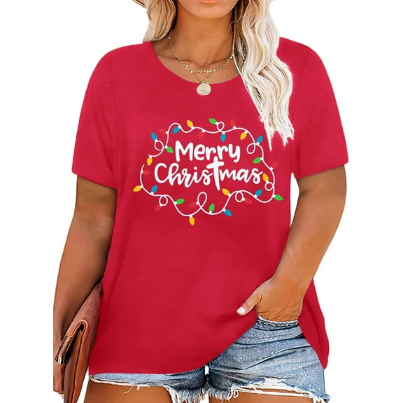 KimSoong Women Merry Christmas Shirt Plus Size Christmas Lights Graphic T-Shirt Xmas Short Sleeve Tees Funny Holiday Tops