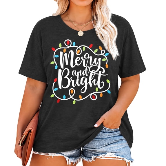KimSoong Women Merry Christmas Shirt Plus Size Christmas Lights Graphic T-Shirt Xmas Short Sleeve Tees Funny Holiday Tops