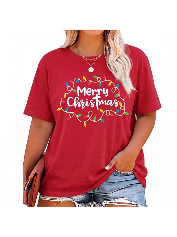 Women Merry Christmas Shirt Plus Size Christmas Lights Graphic T-Shirt Xmas Short Sleeve Tees Funny Holiday Tops