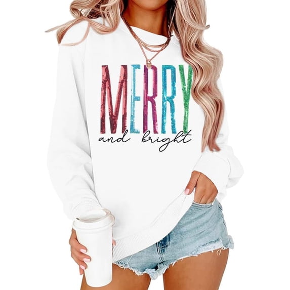 KimSoong Merry and Bright Sweatshirt Women Merry Christmas Letter Print Long Sleeve Sweater Xmas Crewneck Pullover Casual Blouse Tops