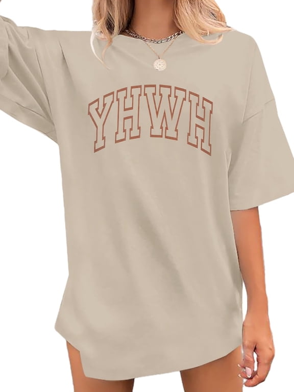 Oversized Shirts for Women Christian YHWH Letter Print Tee Vintage Jesus Faith Inspirational Casual Tee Tops