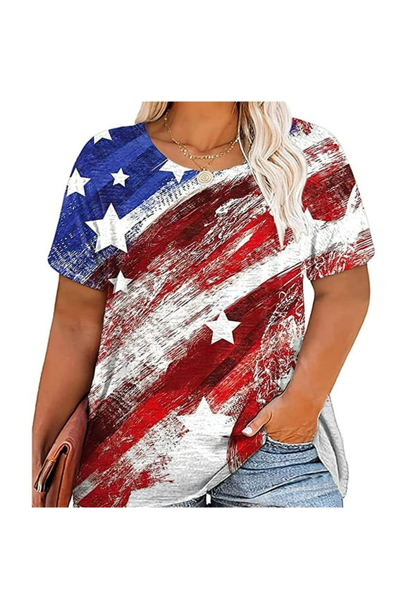 Women Plus Size American Flag Shirt 4th of July T-Shirt USA Stars Stripes Shirt Patriotic Summer Tops