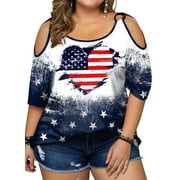 KIMSOONG Women Plus Size Cold Shoulder American Flag T-Shirt 4th of July Tee USA Flag Print Shirt Patriotic Tee Tops
