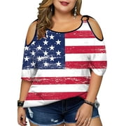KIMSOONG Women Plus Size Cold Shoulder American Flag T-Shirt 4th of July Tee USA Flag Print Shirt Patriotic Tee Tops